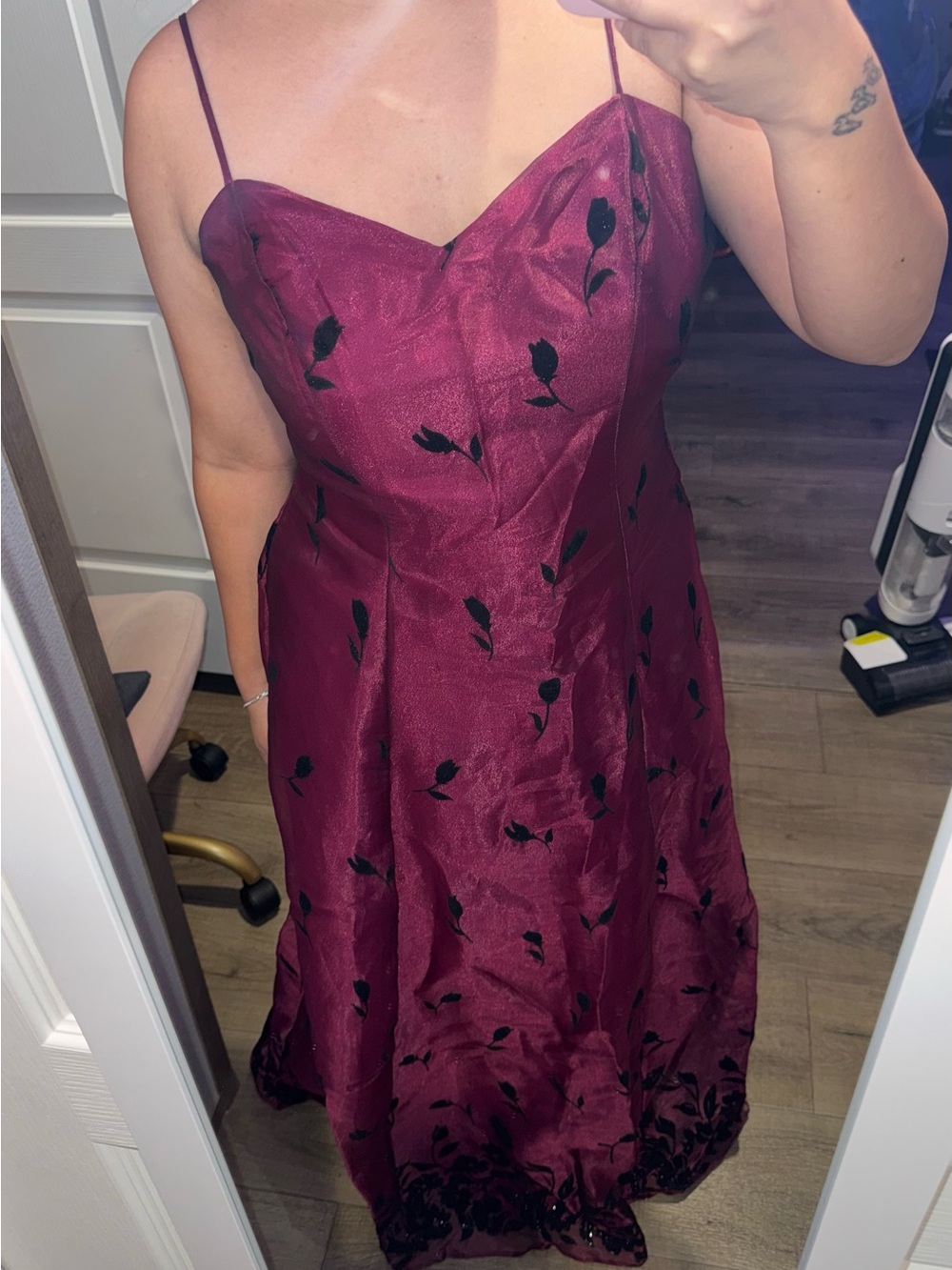 Women’s Burgundy Spaghetti-Strap Party Dress with Black Floral Details - Picture 3 of 6